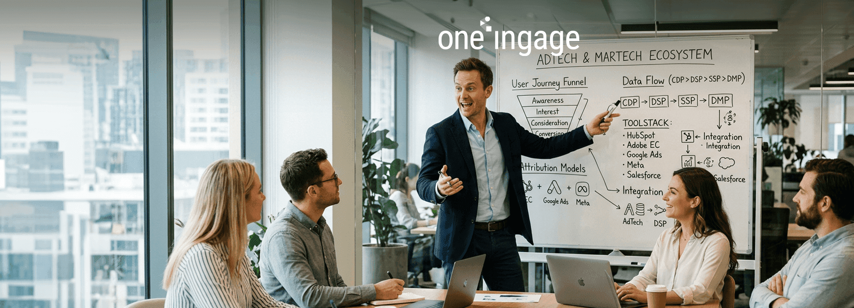 An abstract illustration symbolizing the integration of various marketing systems.