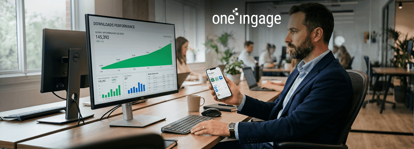 A smartphone screen displays various mobile application icons and categories.