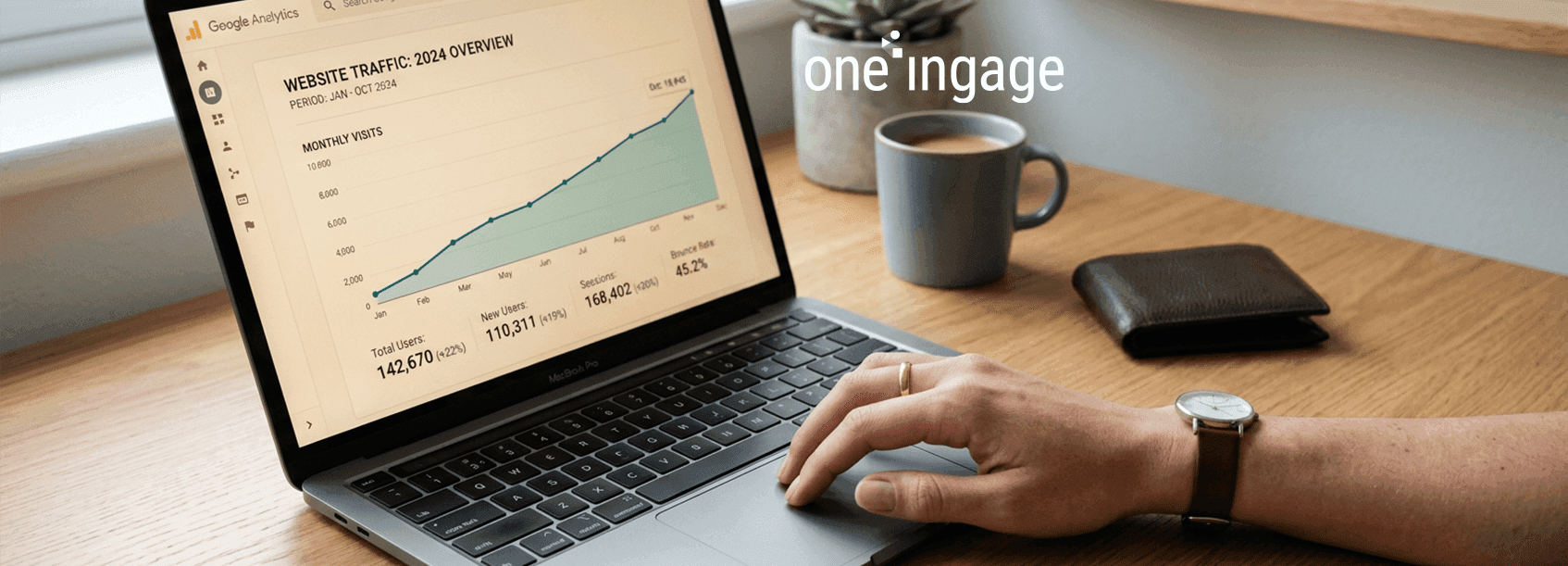 A person works at a desk, focusing on creating high-quality content to improve online visibility.