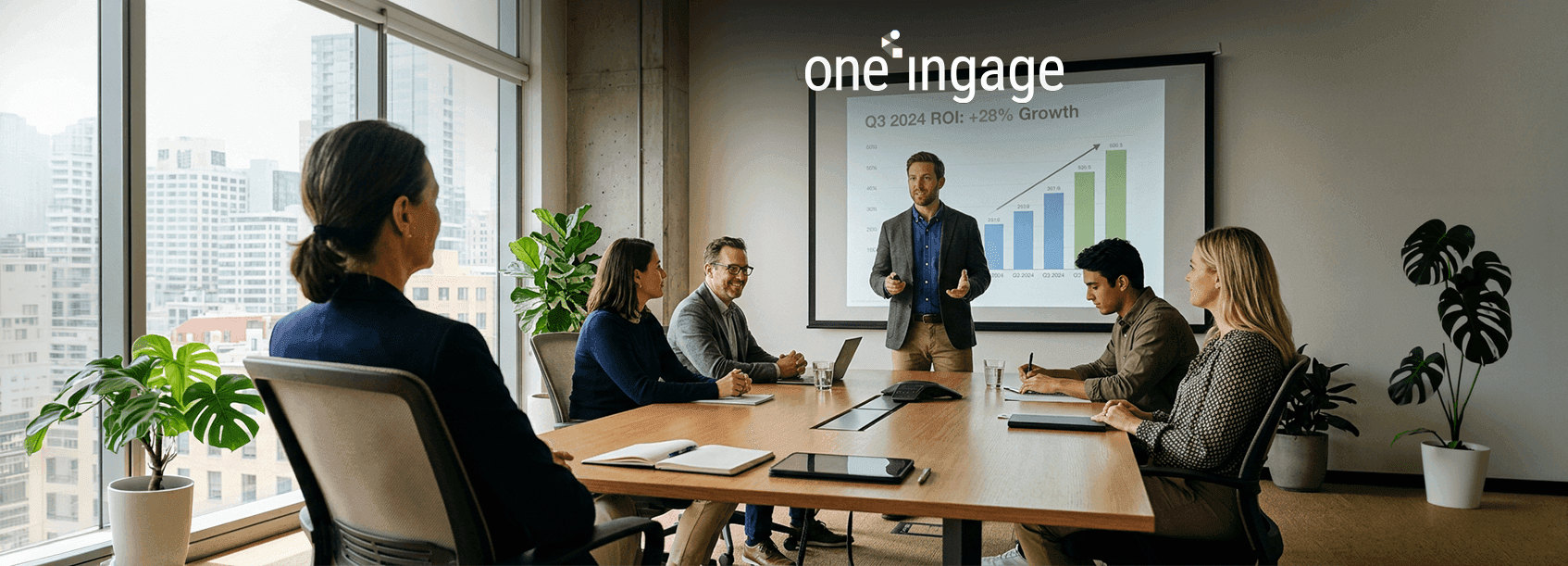 A marketing professional analyzes performance data on a digital dashboard to measure business growth.