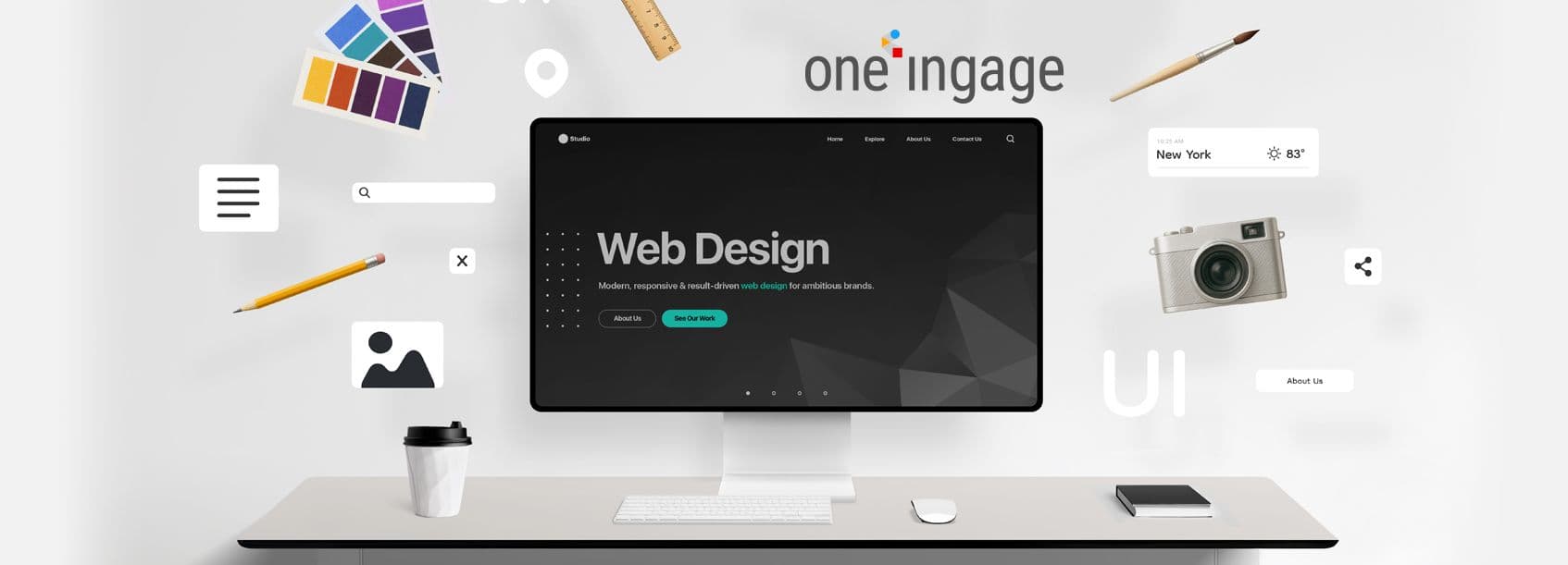 A designer and developer work together in front of screens showing a clean and minimal web layout.