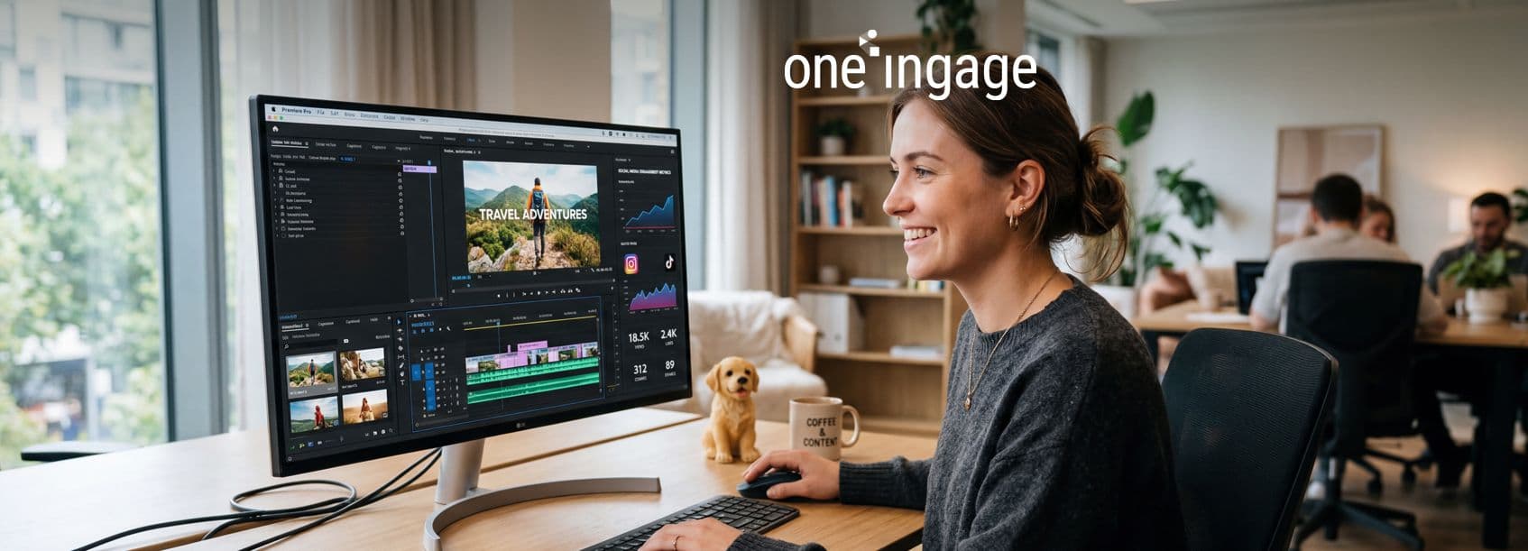 A marketing team collaborates around a laptop while planning a social media video content strategy.