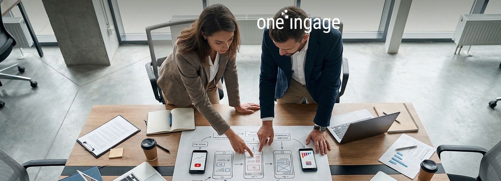 A marketing professional reviews video performance data on a laptop in an office.