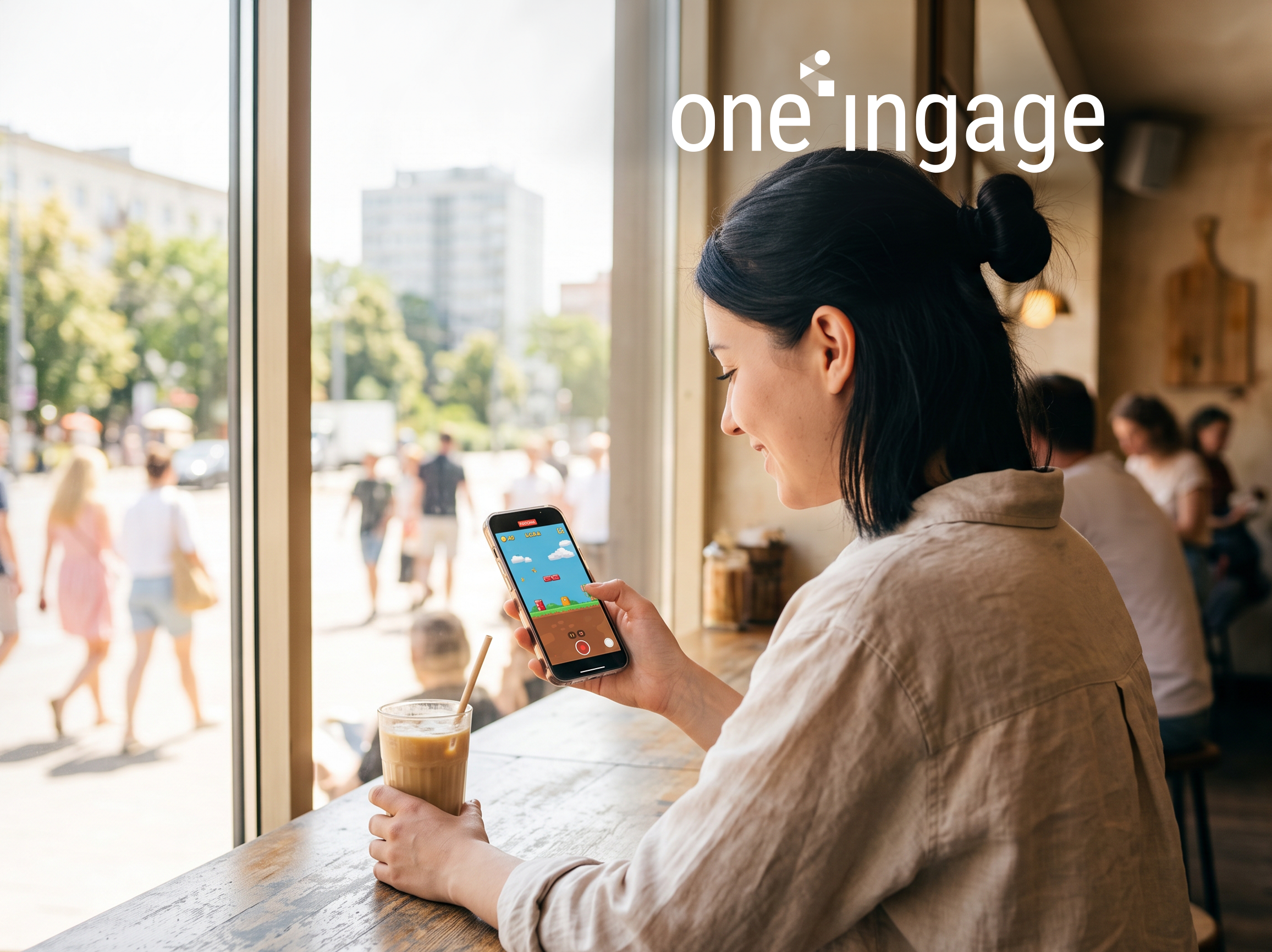 A smartphone displays an interactive social media marketing campaign. A marketing dashboard shows increased shares and audience engagement.