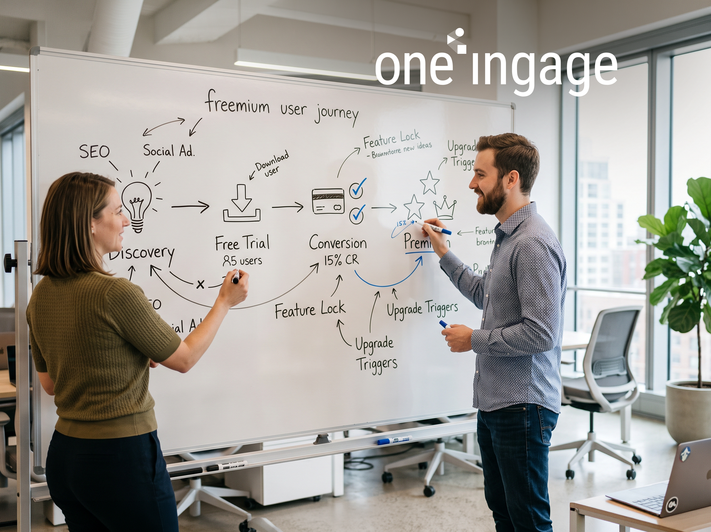 A user explores a freemium product. A team reviews free and paid plans.